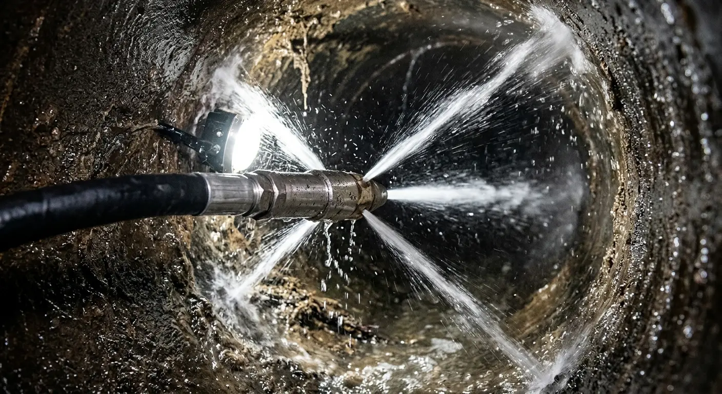 High-pressure hydro jetting nozzle cleaning sewer pipe for Sewer Cleanout in Leighton