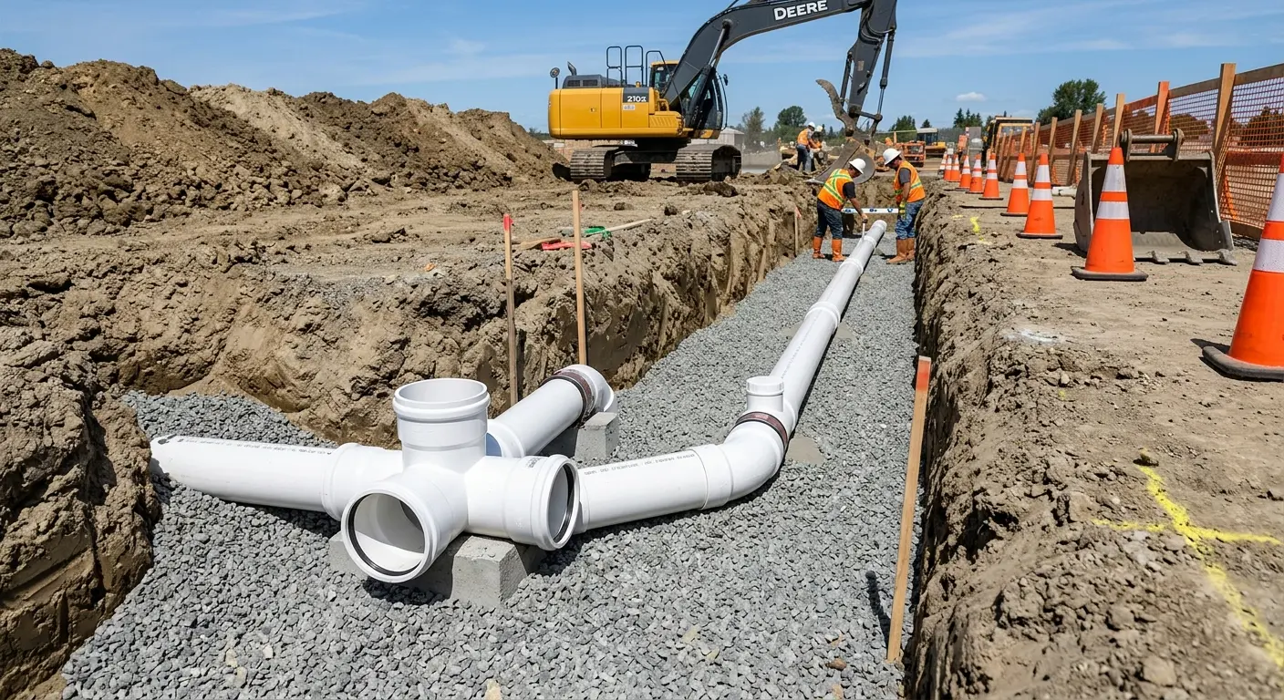 New PVC sewer pipe installation in open trench for Sewer Backup in Leighton