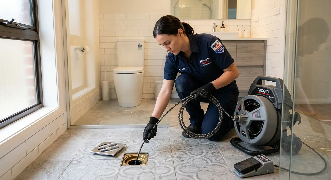 Technician clearing a bathroom floor drain for Sewer Line Replacement in Leighton